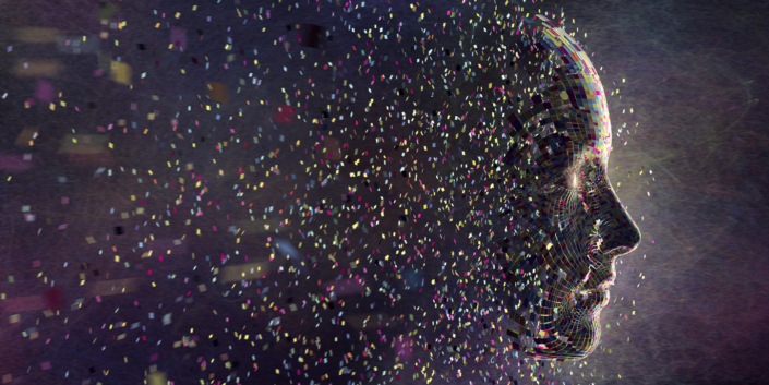 Technology Stressors Multi Coloured Squares in Mid Air Gathering To Form Head